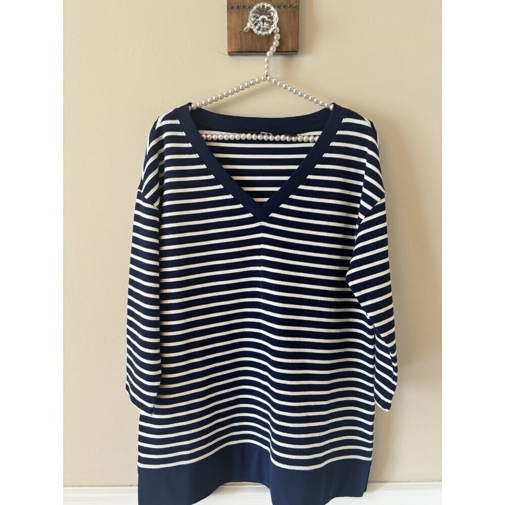 Lands' End Womens Size M Blue White Stripe Waffle Knit Tunic 3/4 Sleeve Nautical